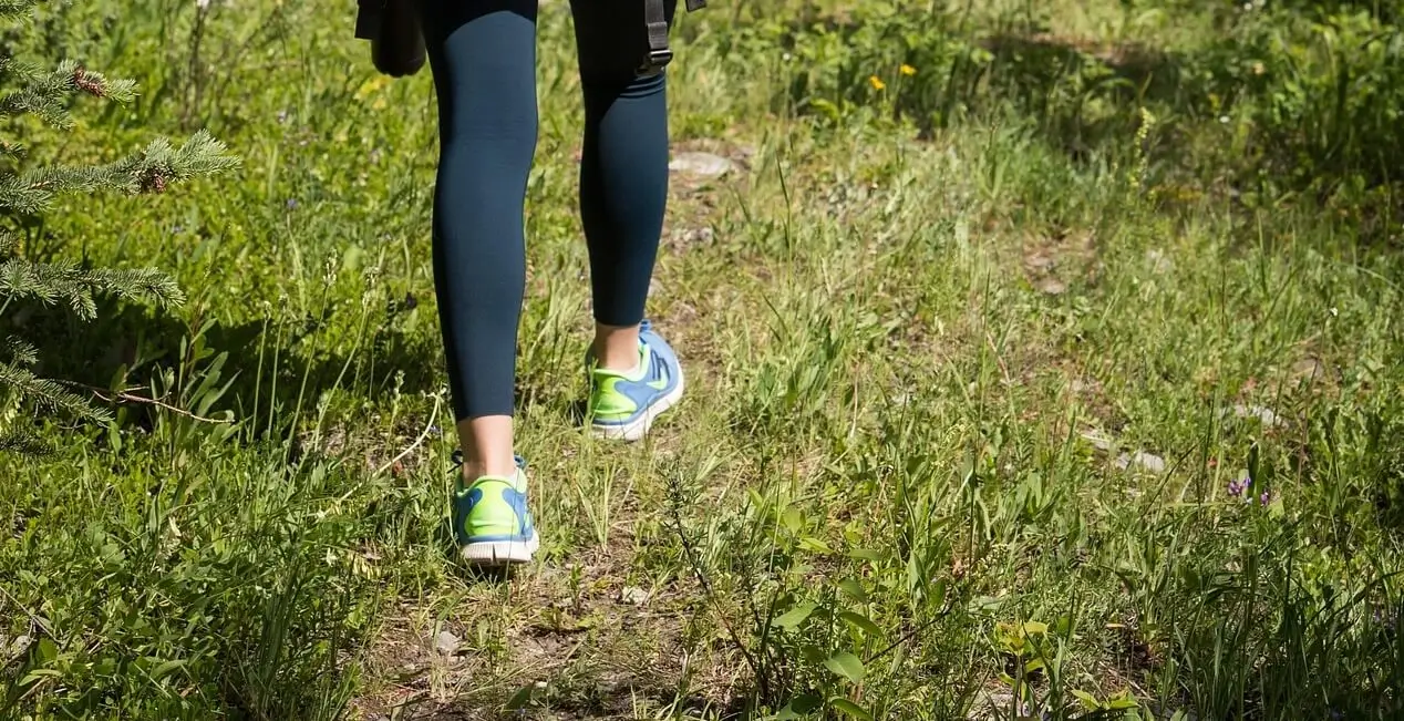 Close up of hikers shoes walking on a Mount Dora, FL Hiking Trail